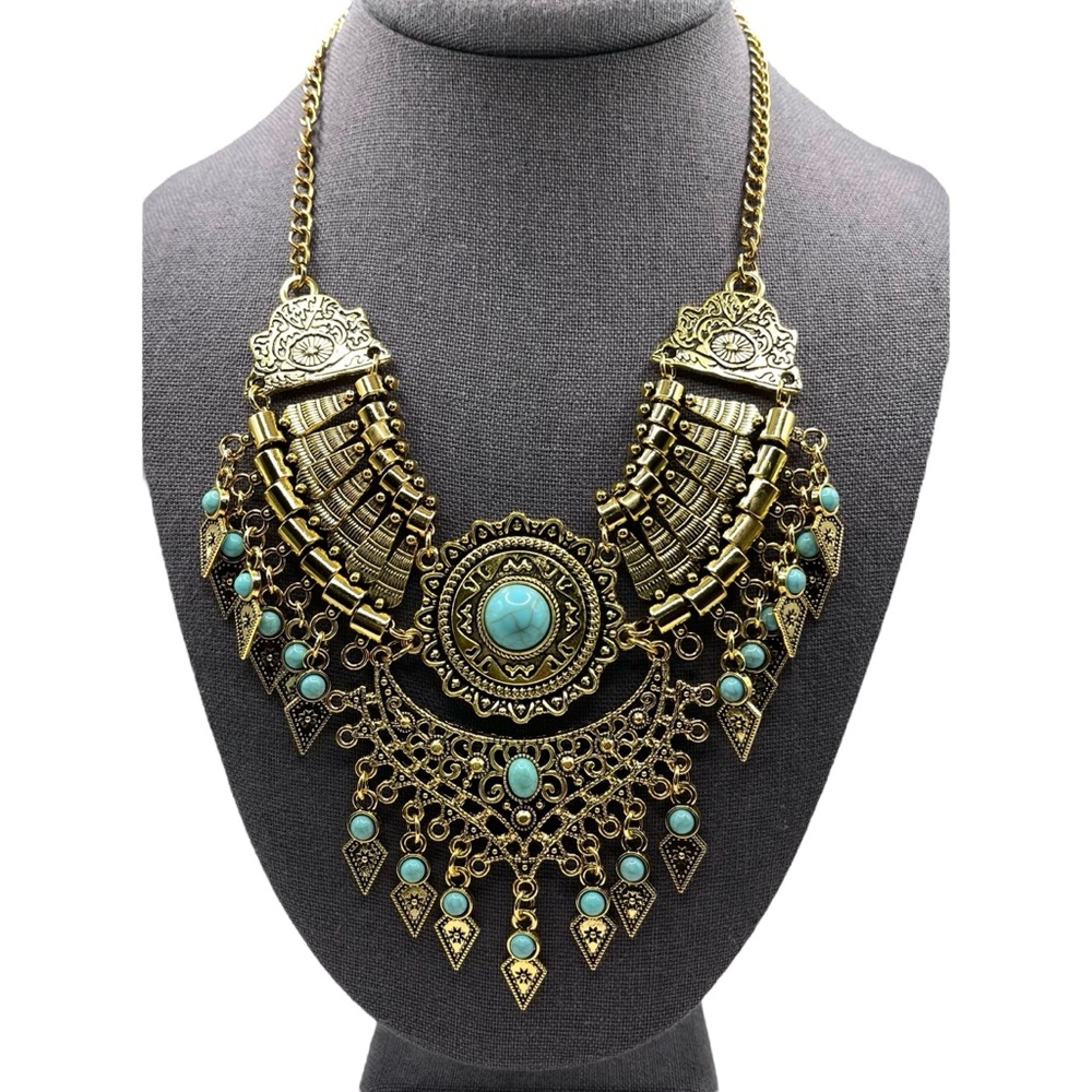 Bohemian Gold and Turquoise Statement Necklace